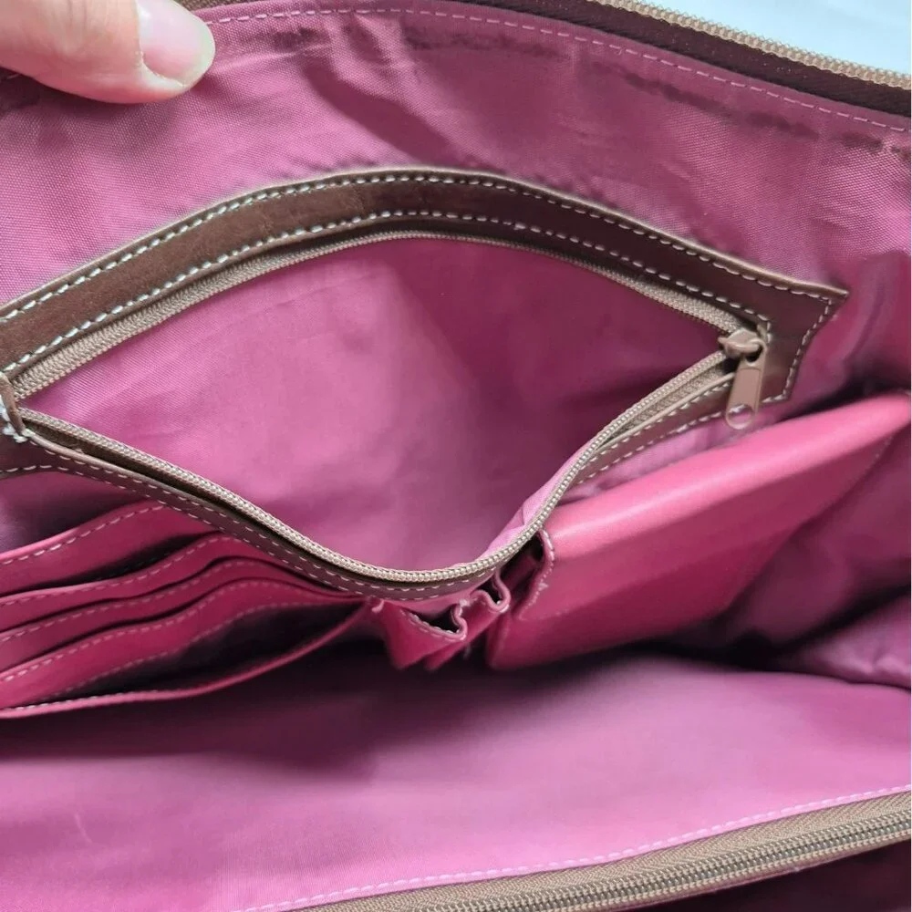 Wilsons Leather Pelke Studio Laptop Tote Bag Pink & Brown Shoulder Straps Work